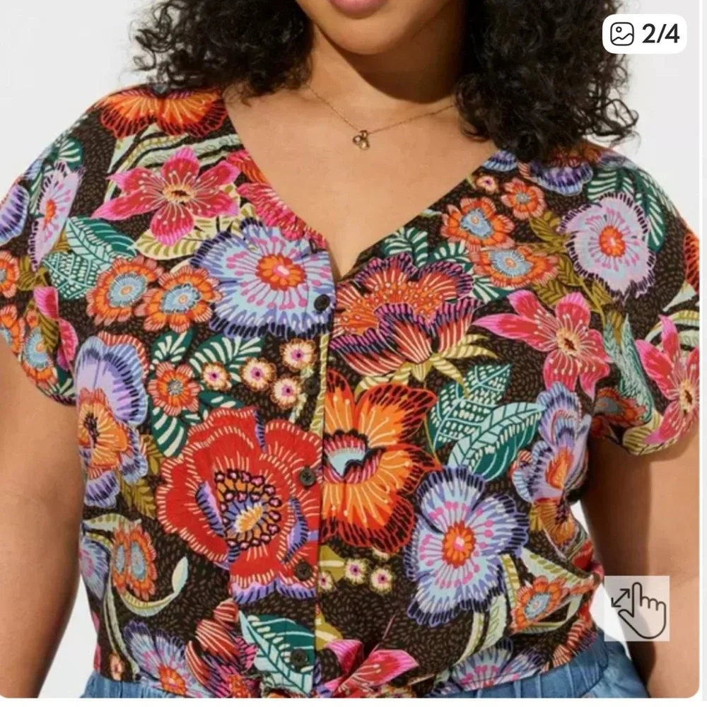Torrid Tie-Front Capped Sleeve Multicolored Floral Print Button Up Blouse Size3X - Picture 2 of 14